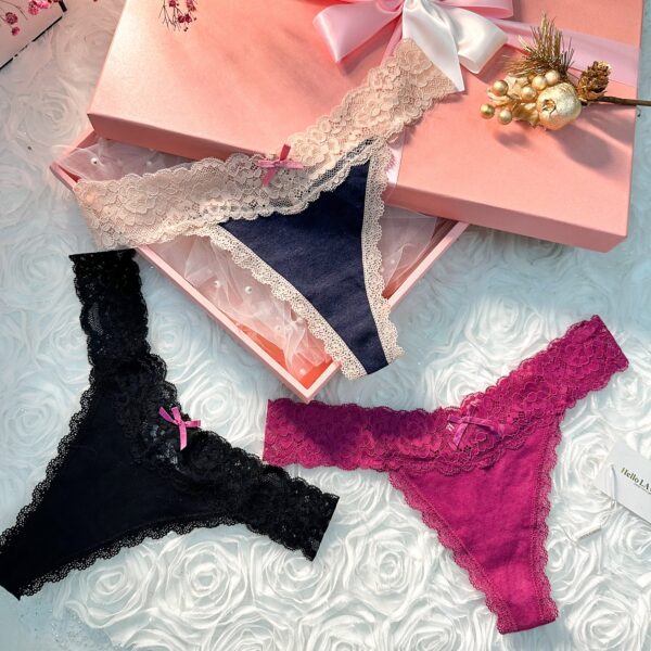 Solid Color T Back Lace Low Waist Cotton Seamless 3 Pack Thongs - Image 3