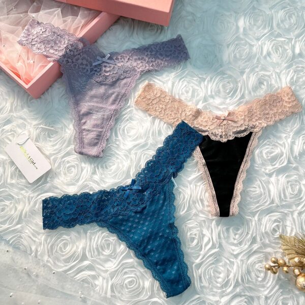 Solid Color 3 Pack T Back Lace Low Waist Cotton Seamless Thongs - Image 6