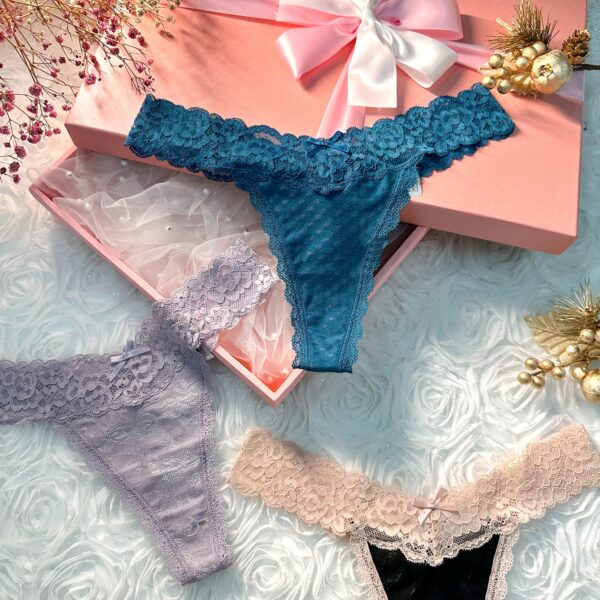 Solid Color 3 Pack T Back Lace Low Waist Cotton Seamless Thongs - Image 7