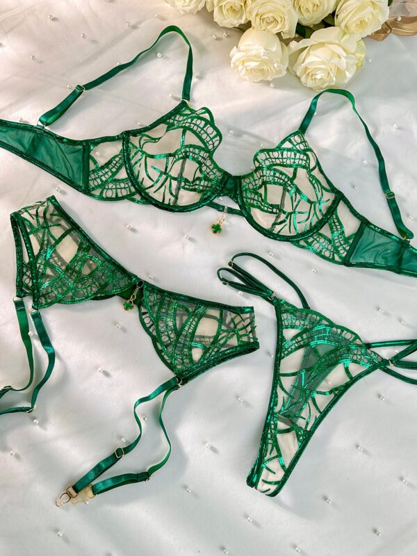 Luxe Green Metallic Foil Lace Lingerie Set - Image 17