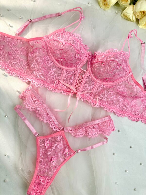 Pink Pearls Small Flower Lace Lingerie Set - Image 11