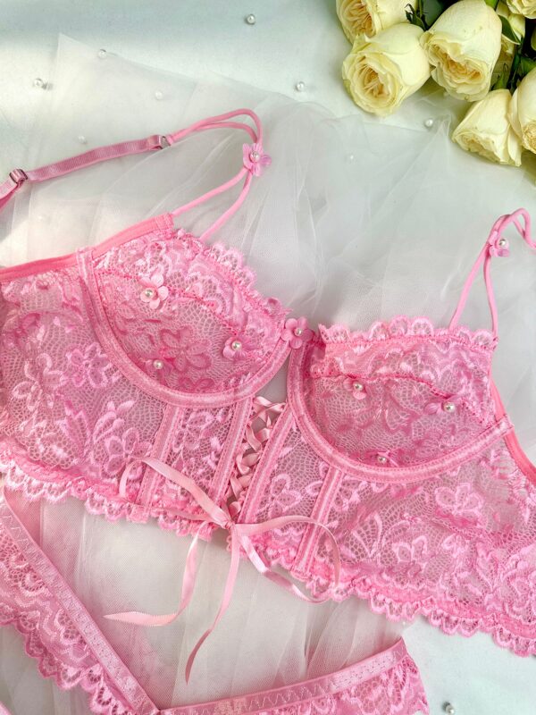 Pink Pearls Small Flower Lace Lingerie Set - Image 13