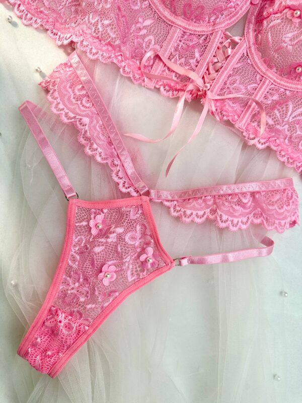 Pink Pearls Small Flower Lace Lingerie Set - Image 14