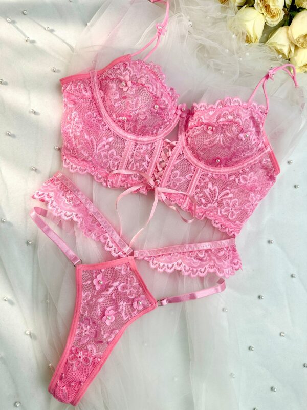 Pink Pearls Small Flower Lace Lingerie Set - Image 12