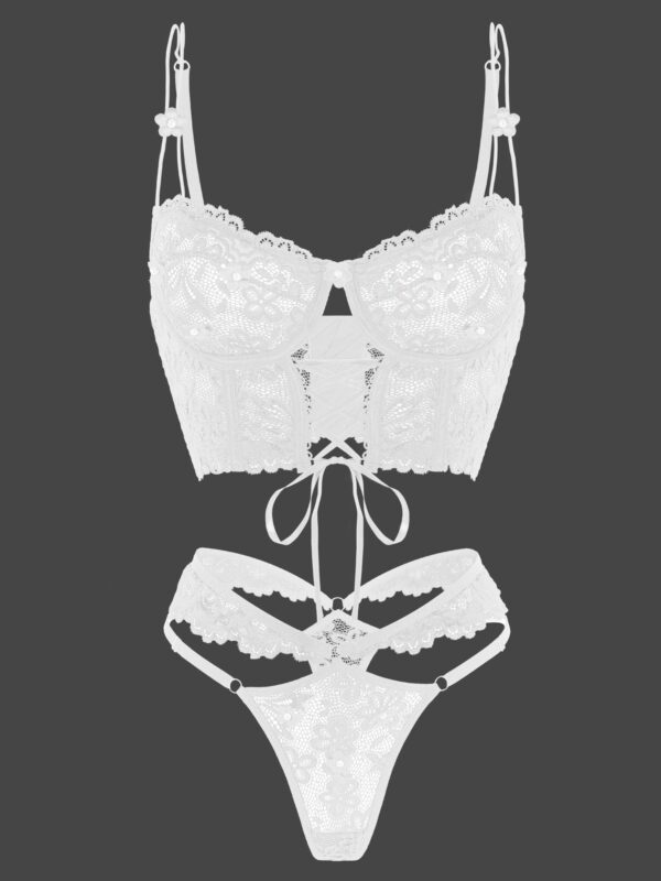 White Pearls Small Flower Lace Lingerie Set - Image 10
