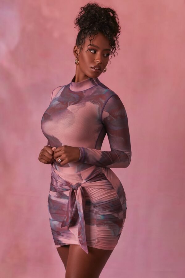 High Neck Long Sleeve Mesh Bodysuit in Blush - Image 3