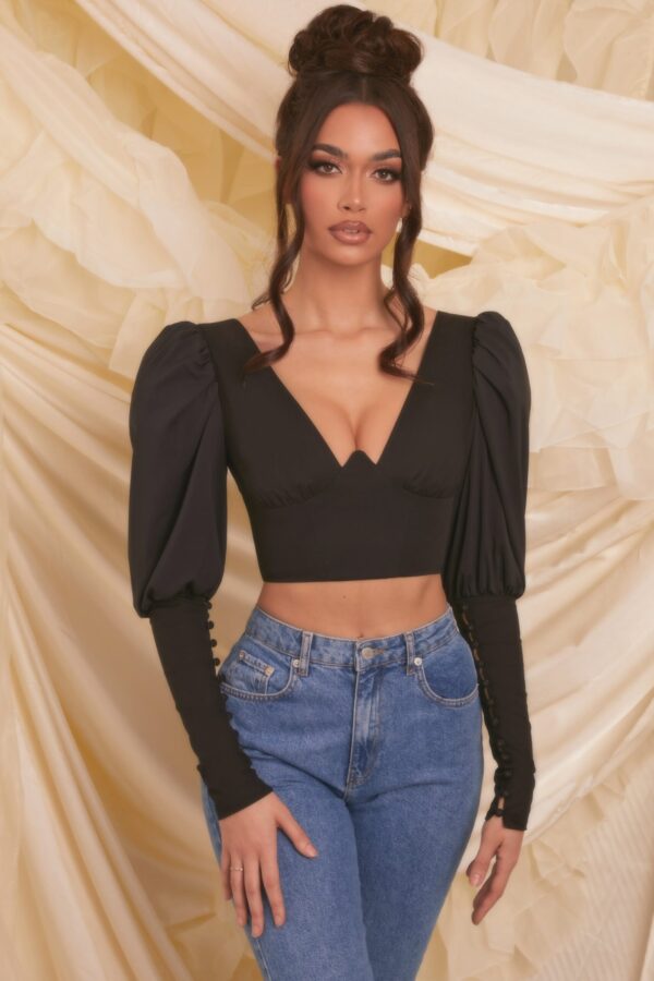 Plunge Neck Puff Sleeve Crop Top in Black - Image 6