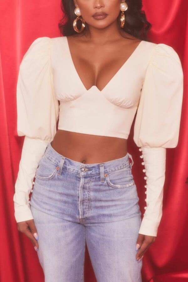 Plunge Neck Puff Sleeve Crop Top in Oyster White - Image 4