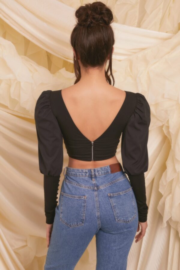 Plunge Neck Puff Sleeve Crop Top in Black - Image 2