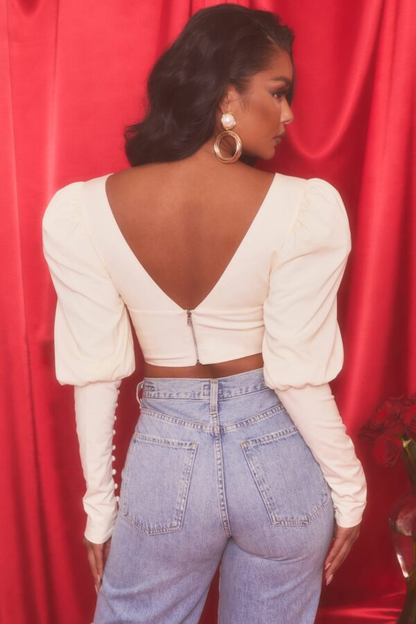 Plunge Neck Puff Sleeve Crop Top in Oyster White - Image 5