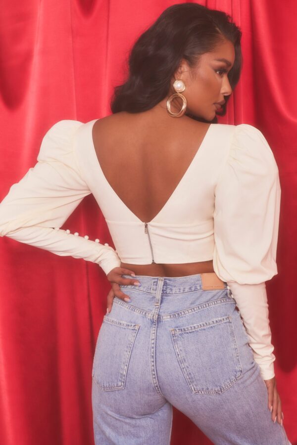 Plunge Neck Puff Sleeve Crop Top in Oyster White - Image 2