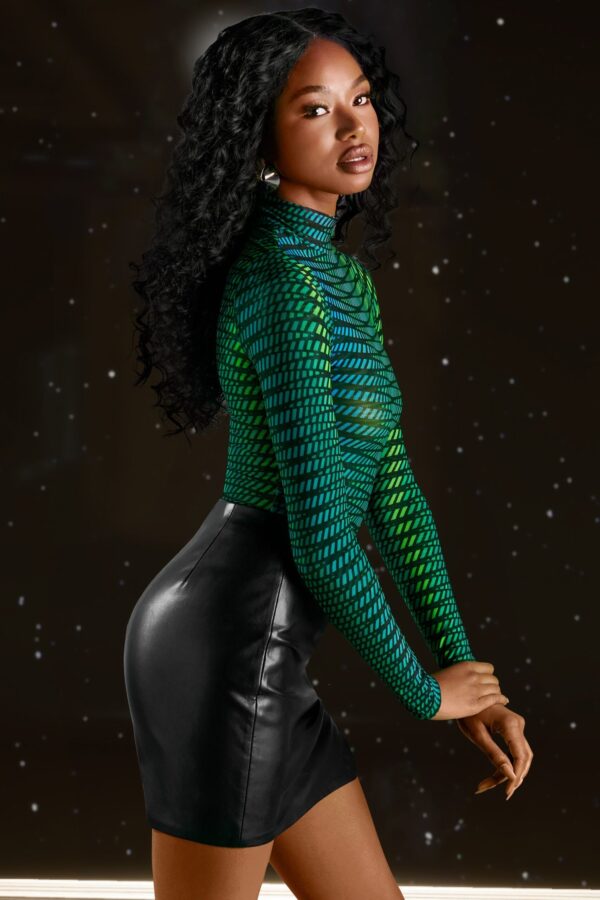 High Neck Mesh Bodysuit in Striped Print - Image 3