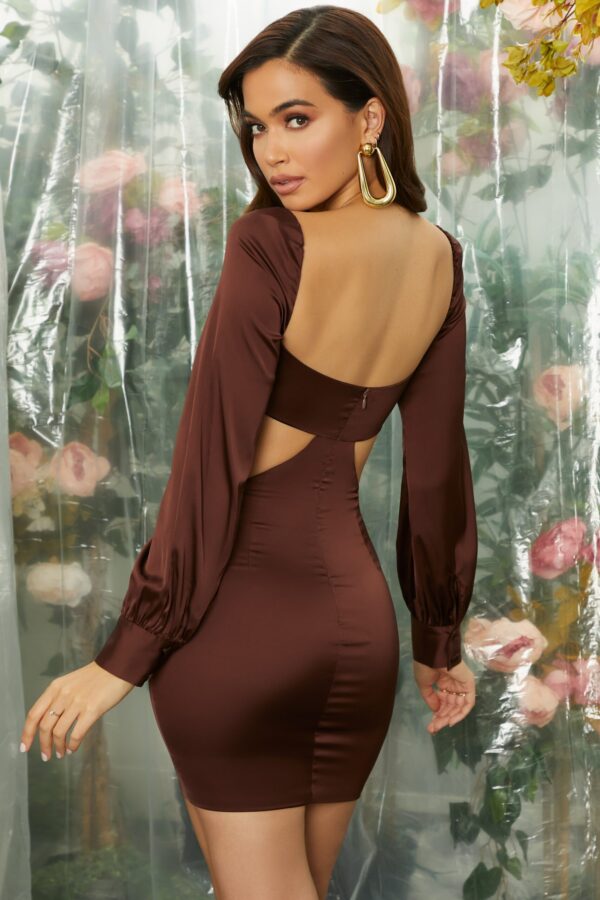 Ruched Bust Cut Out Long Sleeve Mini Dress in Brown - Image 11