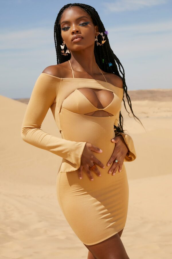 Off The Shoulder Cut Out Mini Dress in Beige - Image 3