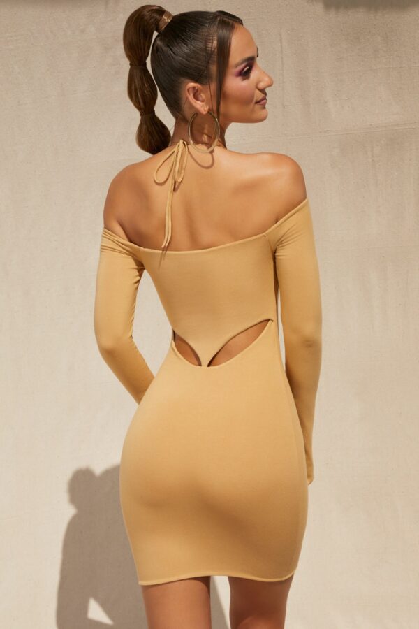 Off The Shoulder Cut Out Mini Dress in Beige - Image 6