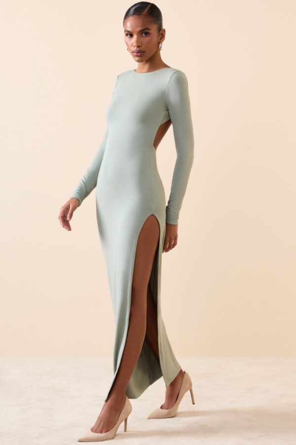 Modal Open-Back Long-Sleeve Maxi Dress in Smoke Green - Image 8