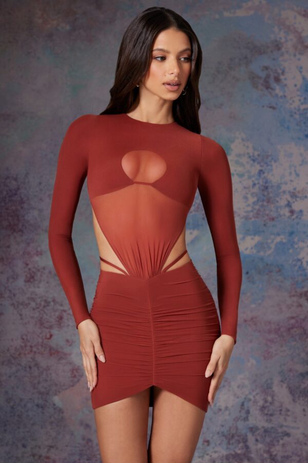 Long Sleeve Cut Out Mini Dress in Brick - Image 5