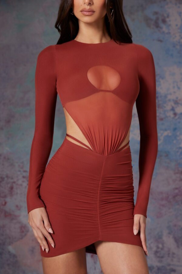 Long Sleeve Cut Out Mini Dress in Brick - Image 4