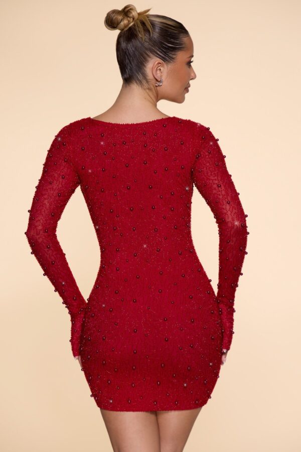 Long Sleeve Deep Plunge Mini Dress in Red - Image 2