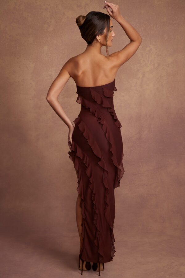 Bandeau Ruffle Detail Maxi Dress in Brown - Image 2