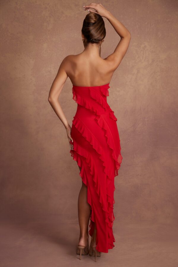 Bandeau Ruffle Detail Maxi Dress in Red - Image 2