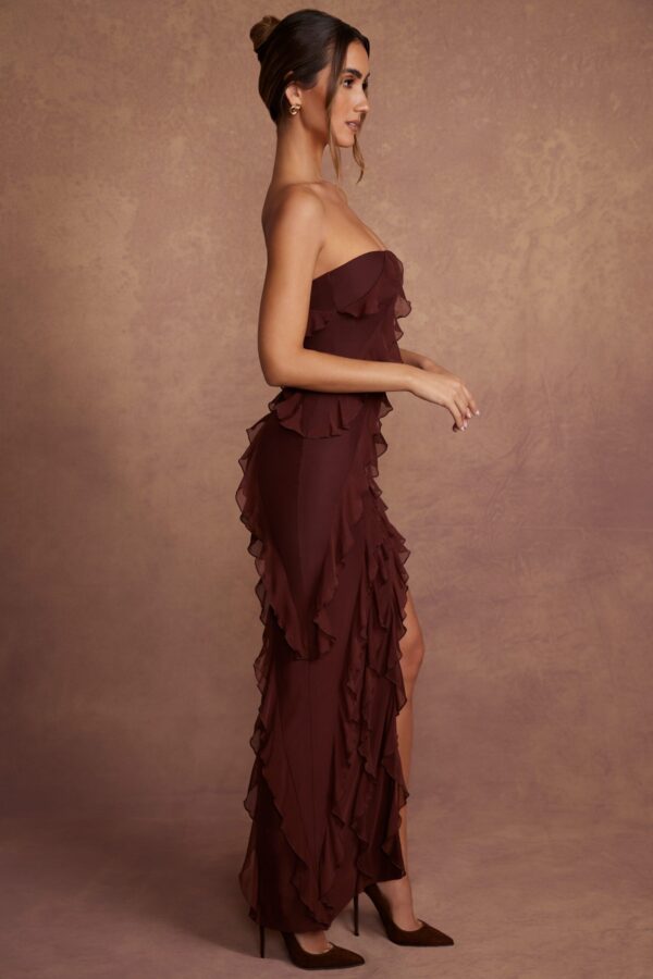 Bandeau Ruffle Detail Maxi Dress in Brown - Image 4