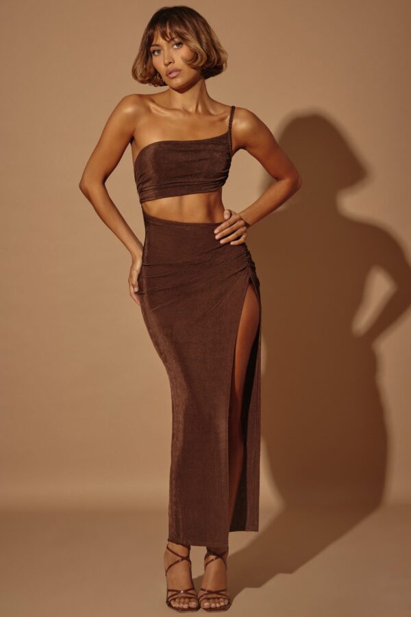One Shoulder Cut Out Maxi Dress in Brown - Image 7