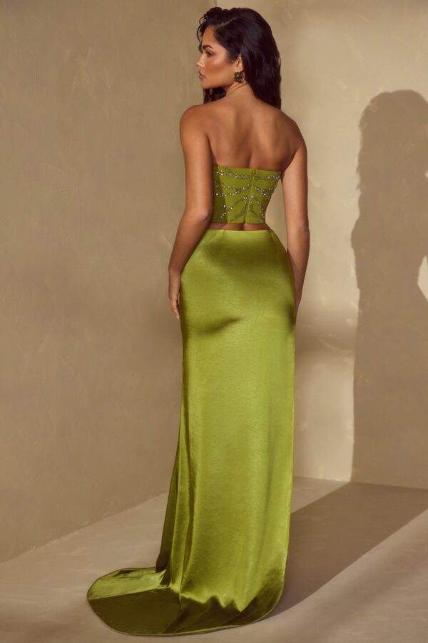 High Slit Gown Length Skirt with Train in Olive - Image 2