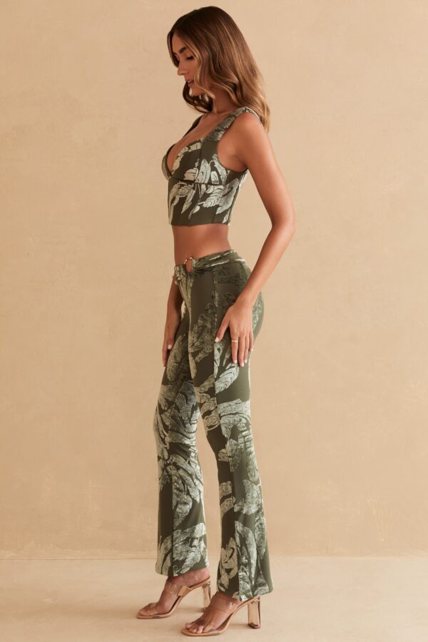 Ring Detail Bootleg Trousers in Olive Print - Image 3