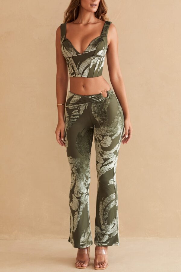 Ring Detail Bootleg Trousers in Olive Print - Image 5