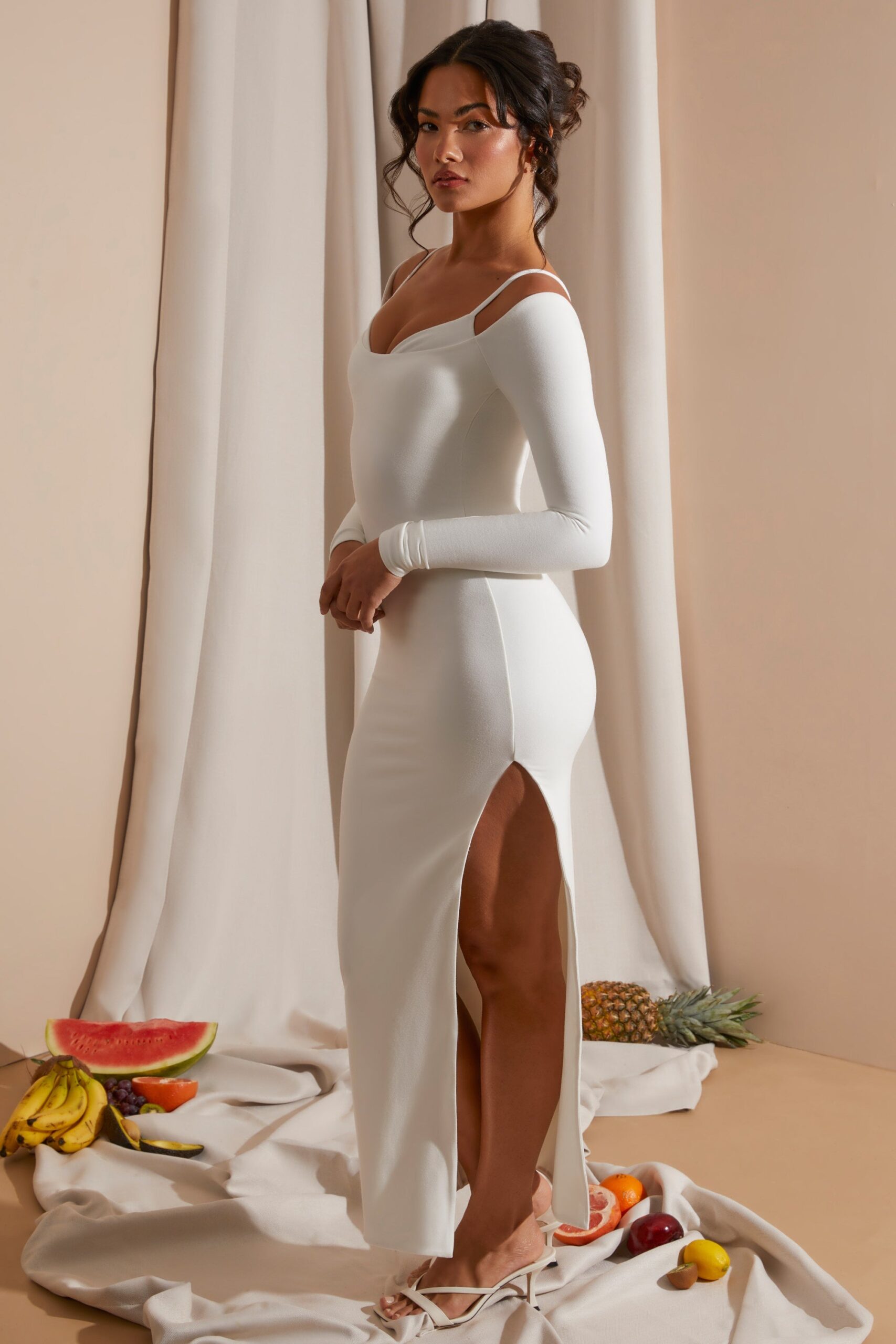 Long Sleeve Exposed Bra Maxi Dress in White - Image 3