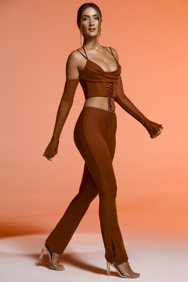 Petite Split Flare Trousers in Brown - Image 6