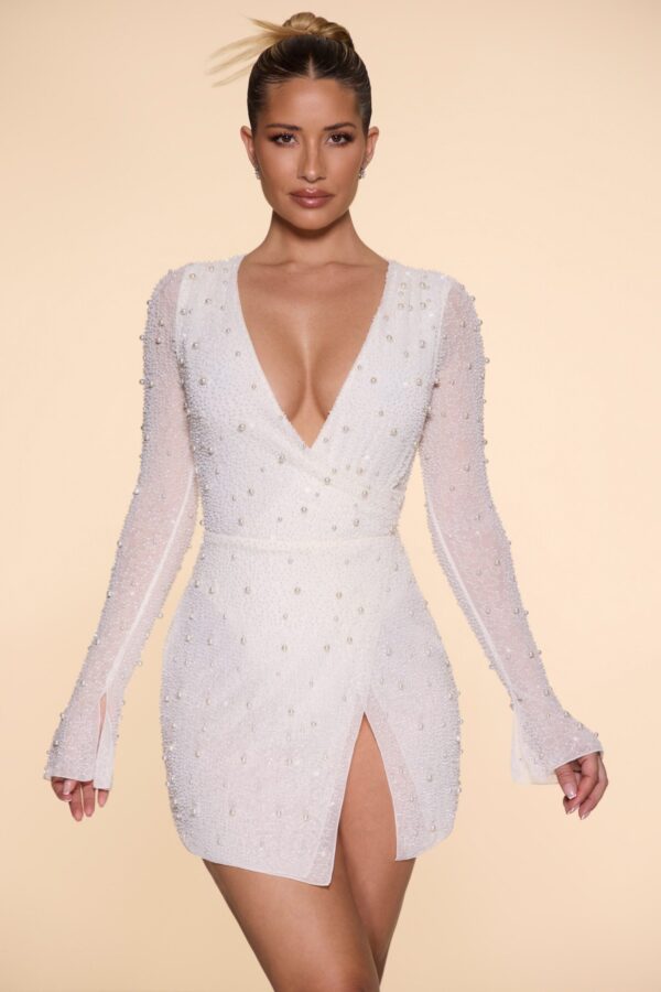 Embellished Wrap Over A-Line Mini Dress in Ivory - Image 14