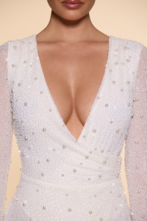 Embellished Wrap Over A-Line Mini Dress in Ivory - Image 17