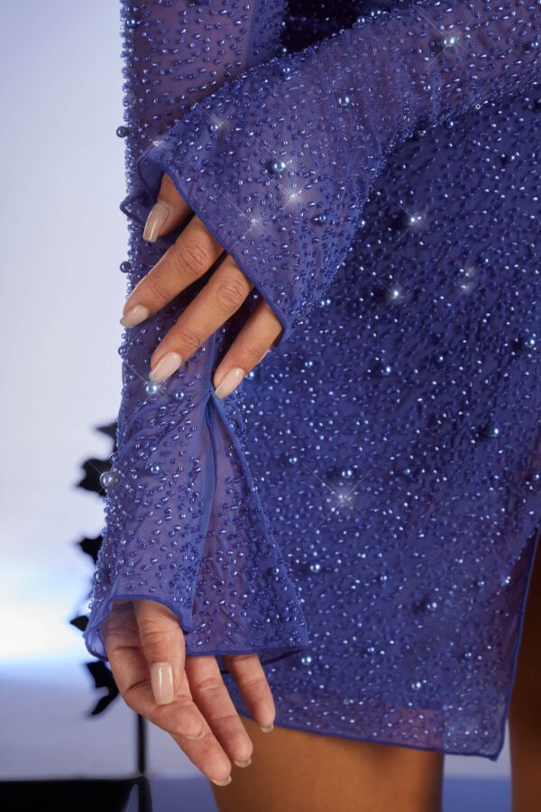 Embellished Wrap Over A-Line Mini Dress in Dark Blue - Image 5