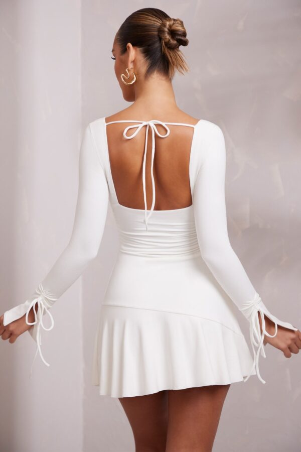 Long Sleeve Ruched A-Line Mini Dress in White - Image 4