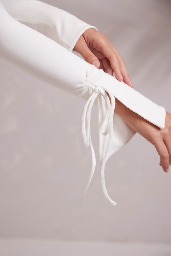 Long Sleeve Ruched A-Line Mini Dress in White - Image 6