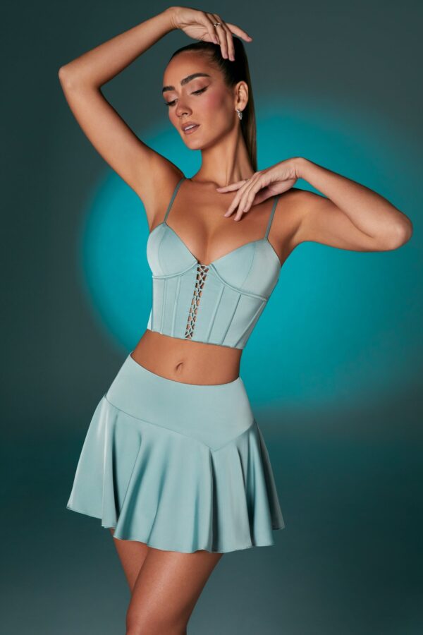 Bias Cut Low Rise Satin Mini Skirt in Steel Blue - Image 4