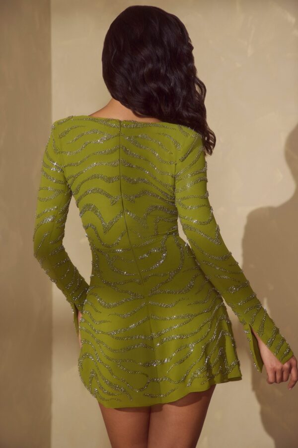 Long Sleeve Lace Up Mini Dress in Olive - Image 2