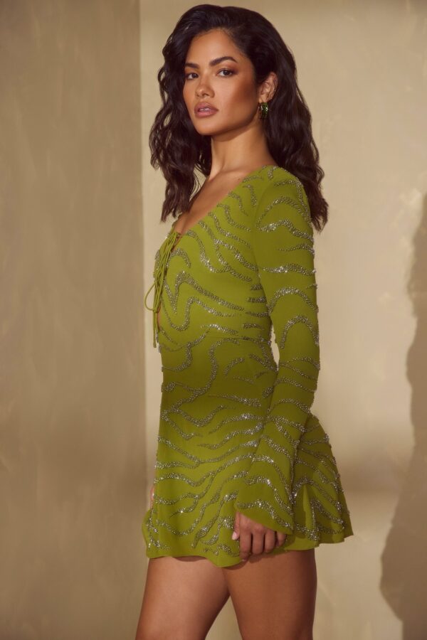 Long Sleeve Lace Up Mini Dress in Olive - Image 3