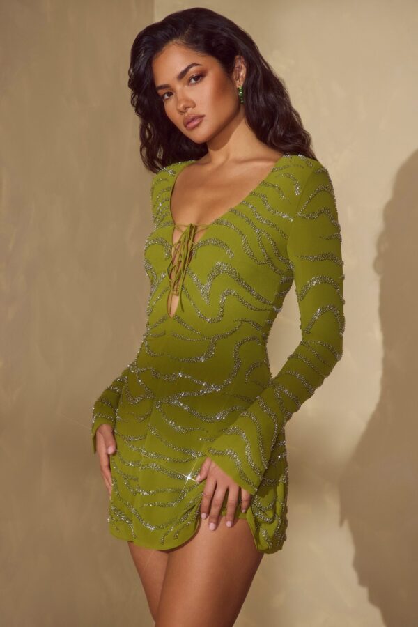 Long Sleeve Lace Up Mini Dress in Olive - Image 7