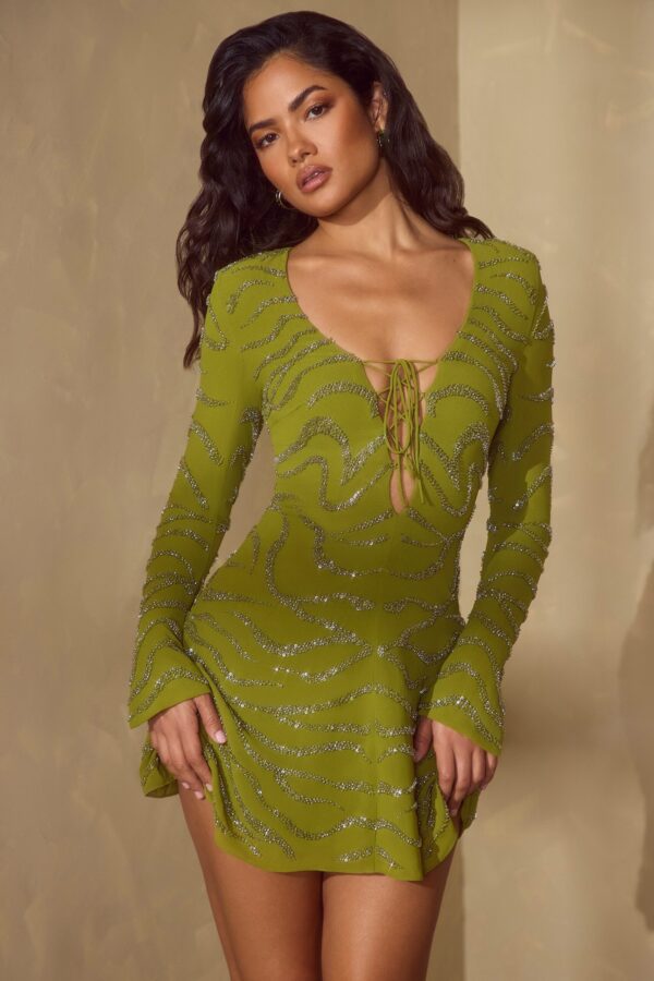 Long Sleeve Lace Up Mini Dress in Olive - Image 8