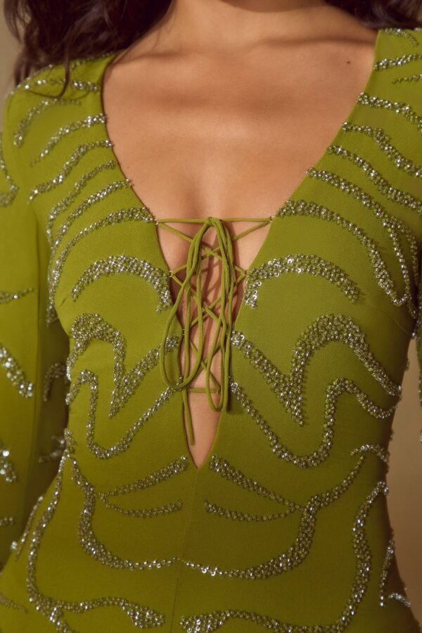 Long Sleeve Lace Up Mini Dress in Olive - Image 4