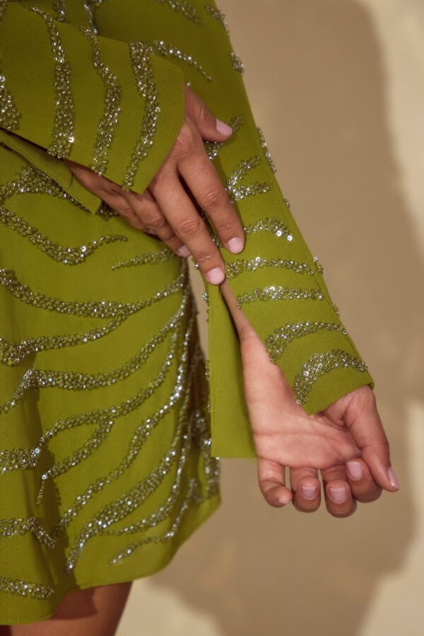 Long Sleeve Lace Up Mini Dress in Olive - Image 5