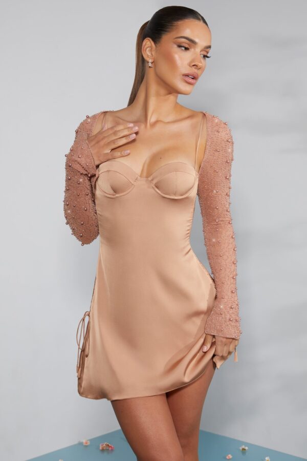 Long Sleeve Embellished A-line Mini Dress in Beige - Image 5