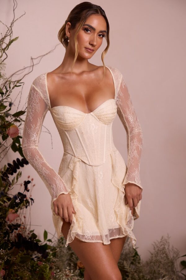 Long Sleeve Lace Corset Mini Dress in Ivory - Image 8