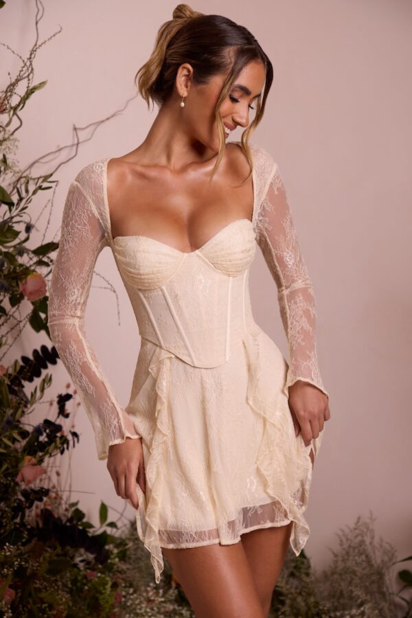 Long Sleeve Lace Corset Mini Dress in Ivory - Image 4