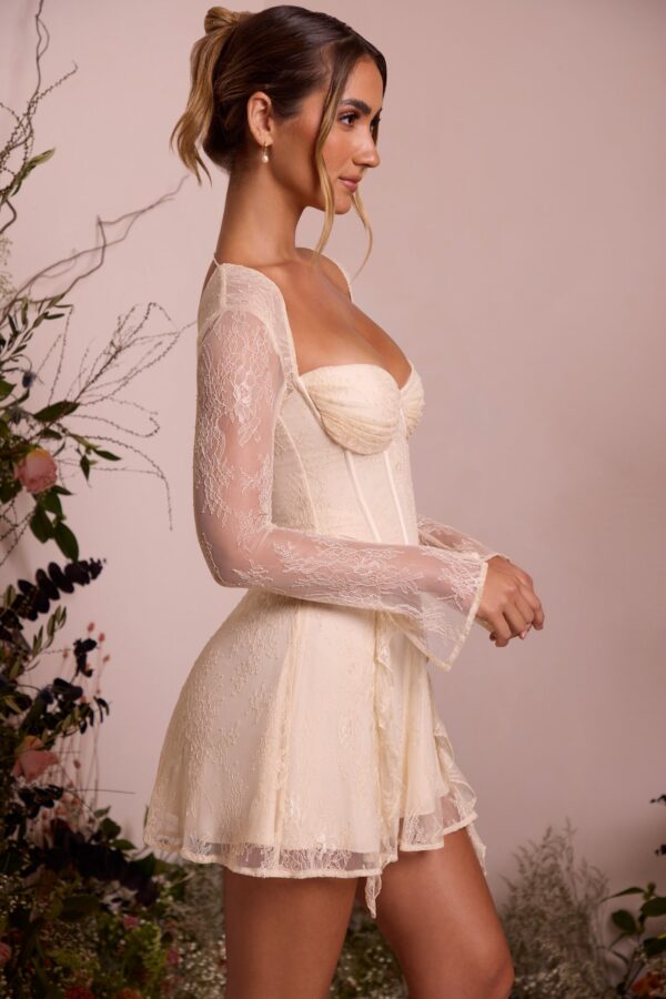 Long Sleeve Lace Corset Mini Dress in Ivory - Image 3