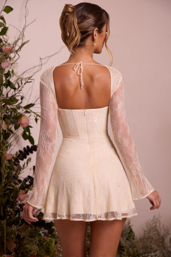 Long Sleeve Lace Corset Mini Dress in Ivory - Image 2