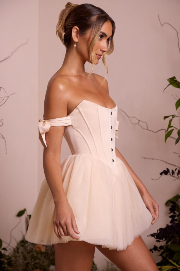 Off Shoulder Tulle Skirt Mini Dress in Ivory - Image 3
